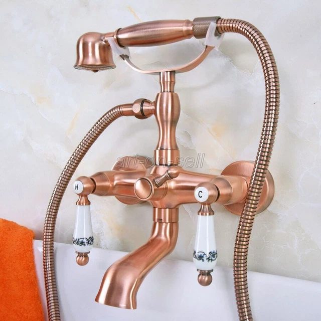 Red Copper Wall Mount Bathroom Clawfoot Bath Tub Faucet Filler with Hand Shower