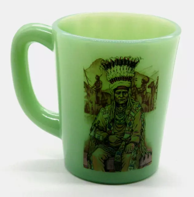 Vintage Jade Green Coffee Mug with Chief Decoration by Mosser Glass Ohio