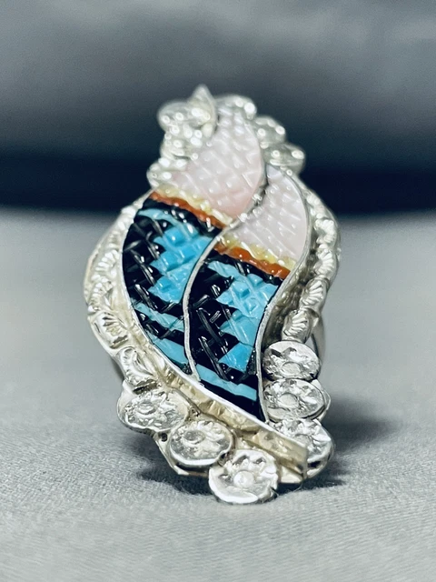 Eldred Martinez Native American Zuni Turquoise Jet Coralmother Of Pearl Sterling Silver Ring Eldred Martinez Native American Zuni Turquoise Jet Coralmother Of Pearl Sterling Silver Ring