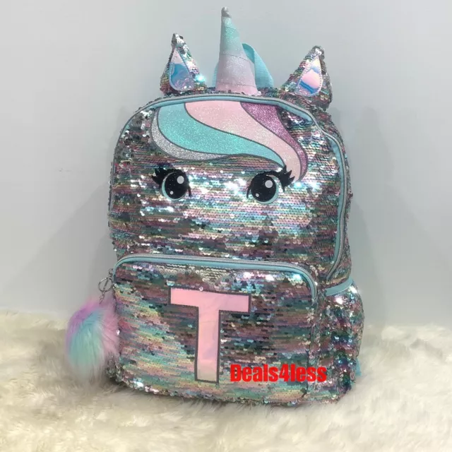 JUSTICE BACKPACK PASTEL Unicorn Initial T Flip Sequin Bling RARE SOLD ...