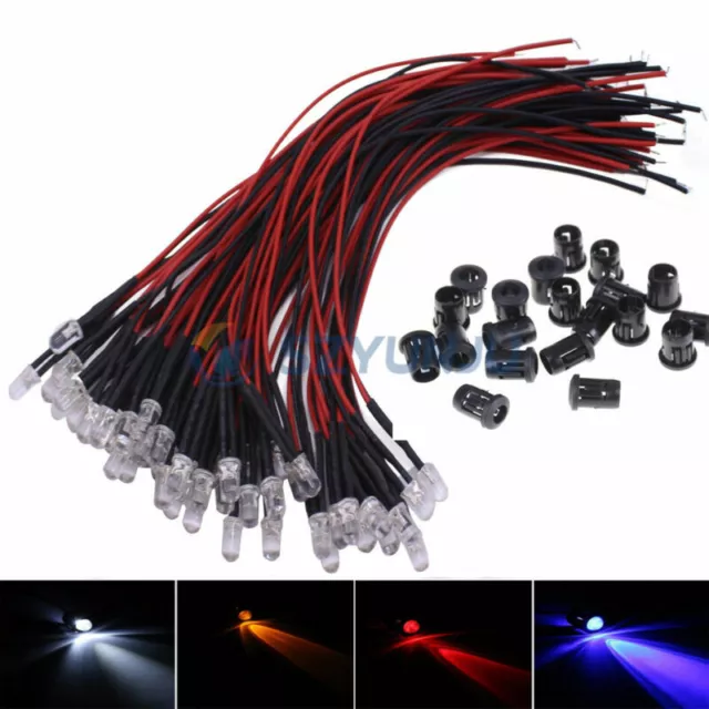 5V 12V 24V 5mm  2Pin Round Pre-wired water Clear led with Plastic Holder