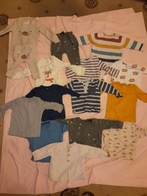bundle of baby boy clothes. tops,t-shirts,2 jumpers,a cardigan,2 trousers.