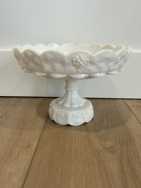 Vintage Westmoreland White Milk Glass Paneled Grape Pedestal Fruit Bowl 6” Tall