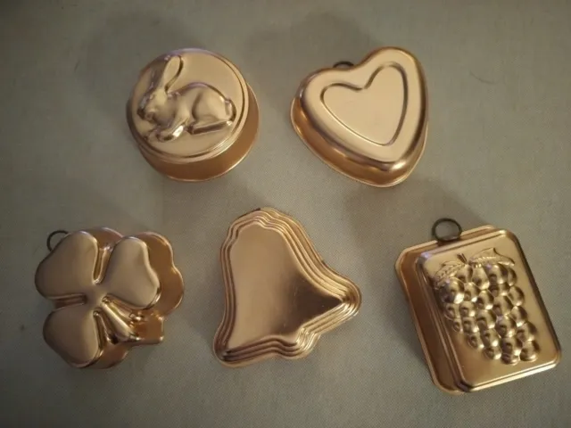 5 -Vtg Copper Jello Molds, Gold w/Hangers (Heart Clover Grapes Bunny Bell)
