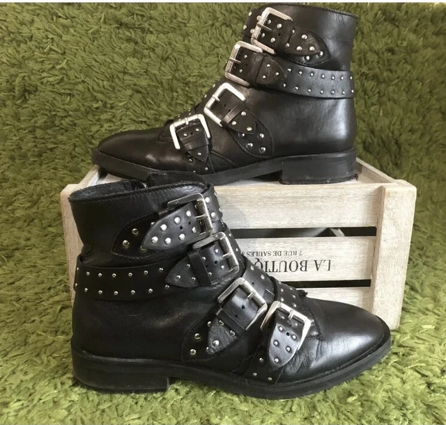 TOPSHOP (AMY) Women’s Studded Black Leather Buckle Ankle Boots : UK 4 : EUR 37