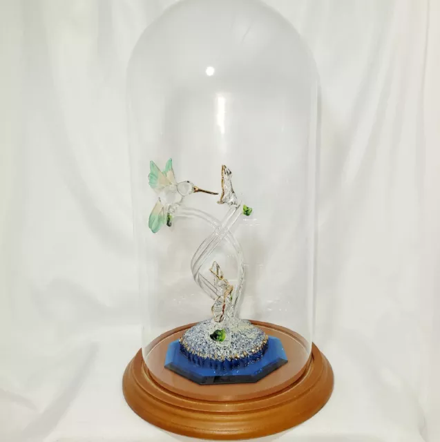 Hand Blown/Hand Spun Hummingbird Glass Figurine W/ Wooden & Glass Dome Display