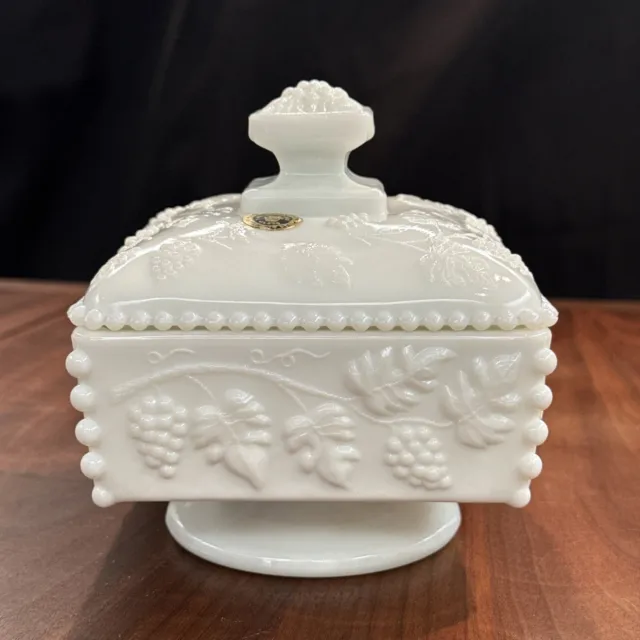 Vintage Westmoreland White Milk Glass Candy Dish with Lid Paneled Grape 5”