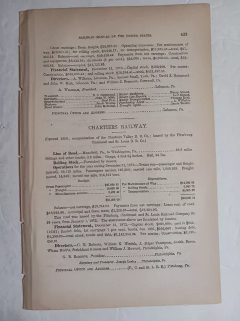 1875 Train Report CHARTIERS RAILWAY Mansfield Washington Pennsylvania