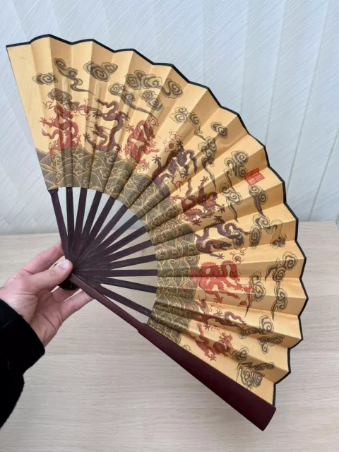 Large Vintage Oriental Chinese Hand Held Satin & Wood Fan Painted Dragon