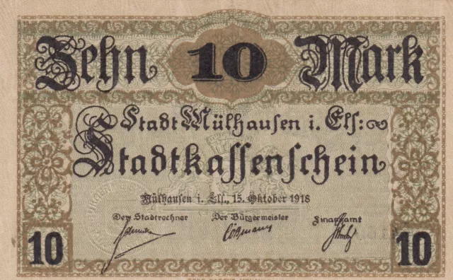 10 Mark 1918, Mulhouse Mülhausen, Stadtkassenschein