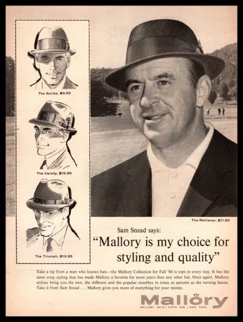 1960 Sam Snead "Mallory Is My Choice For Styling & Quality" Vintage Hat Print Ad