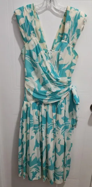 Vintage Albert Nipon Boutique Dress Drop Waist Midi Swing Blue Floral Size 10