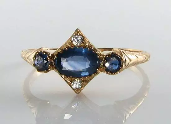 Dainty 9K 9Ct Gold Blue Sapphire & Diamond Art Deco Ins Ring Free Resize