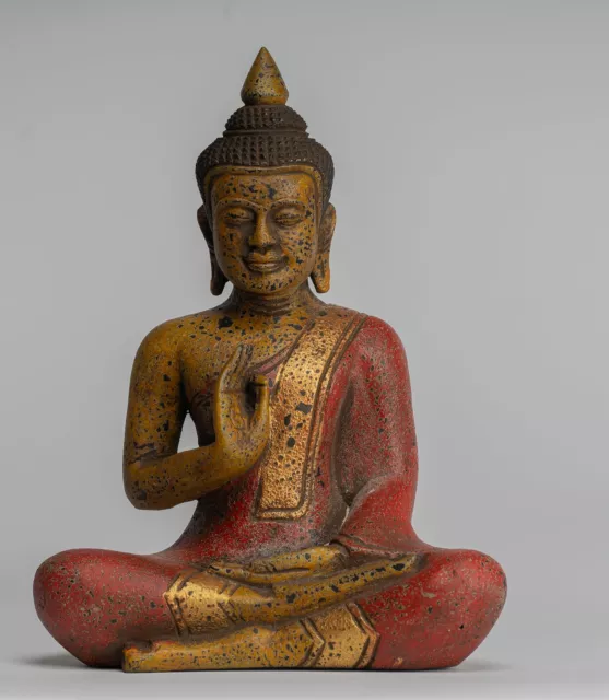 Antique Khmer Style Cambodia Seated Wood Buddha Statue Teaching Mudra - 27cm/11"
