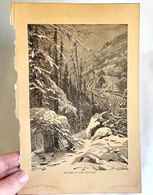 Antique Engraving Bookplate Illustration of a Winter Scene in the Mountains
