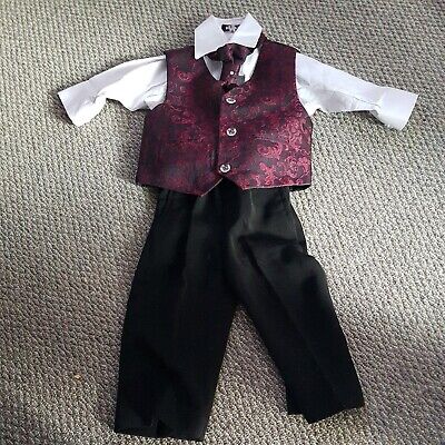 Vivaki Boys 4 Piece Wedding Suit 3-6 Months, Red Black, Good Used Condition