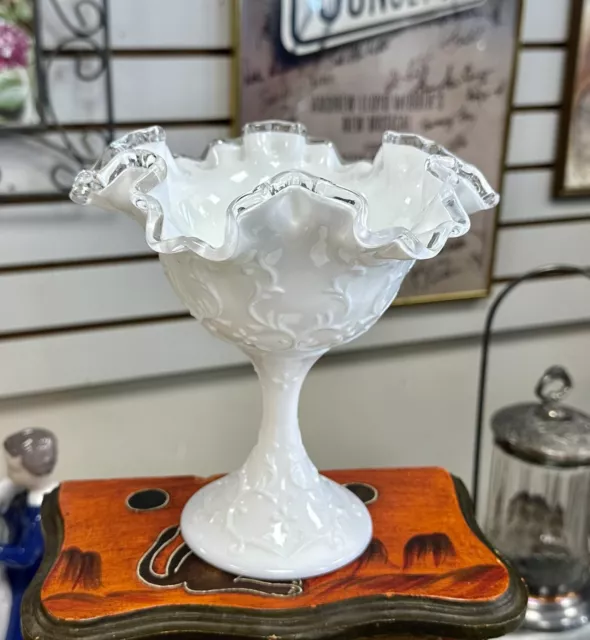 Fenton Silver Crest Spanish Lace Footed Compote Bowl Dish White Milk Glass 7”