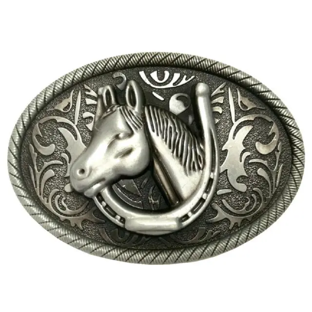 Gürtelschnalle, ovale Form, Pferde  / Indianermuster, Gold  / Silberfarbe