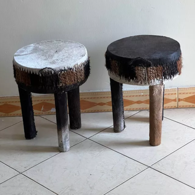Two Cowhide Drum Coffee Stools