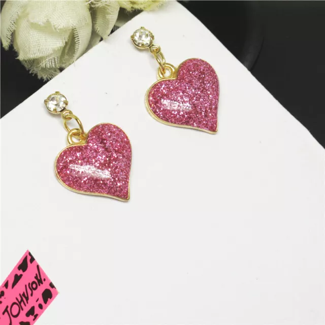 Hot Betsey Johnson Pink Enamel Love Bling Heart Crystal Bow Wonmen Earrings