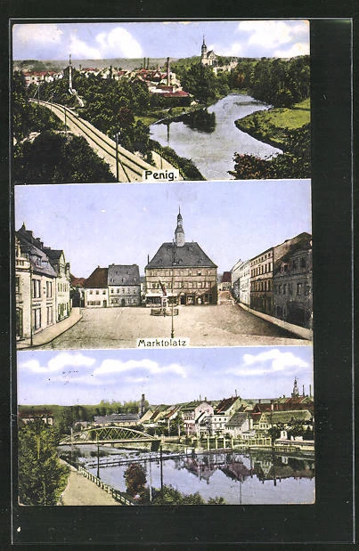 AK Penig, Teilansicht, Marktplatz mit Denkmal, Ortsansicht mit Brücke 1914