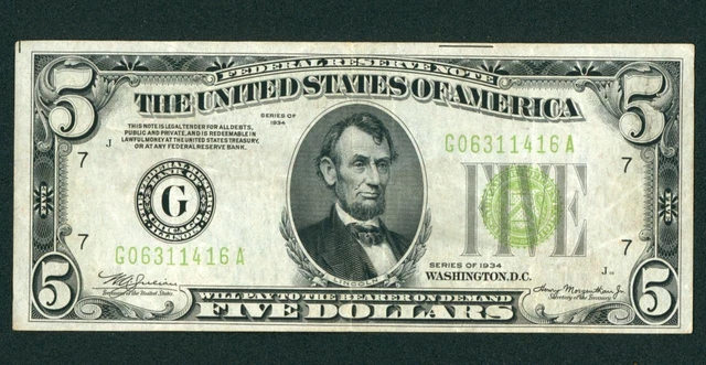 $5 1934 LGS LIME ((LIGHT GREEN SEAL)) Federal Reserve Note CURRENCY AUCTIONS 2