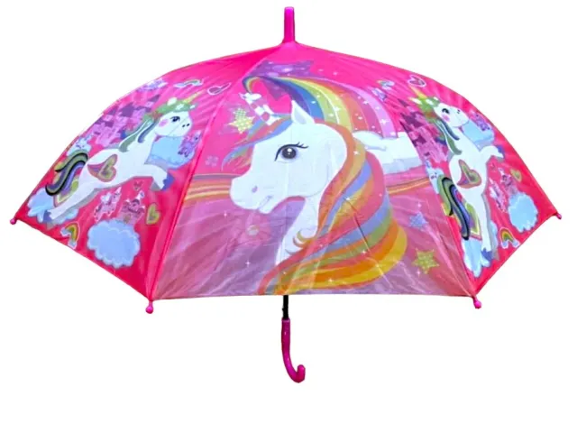 Automatic Open Kids Pink & Rainbow Unicorn Rain Umbrellas *Cute Girls Umbrellas*