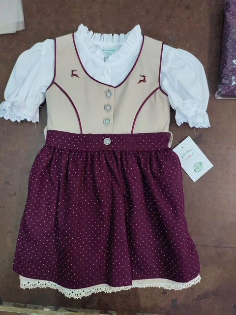 Dirndl per bambini rosso vino sottogonna in lino-viscosa ricamo cervo