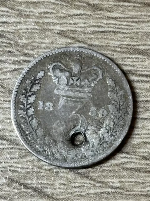 Victoria, Threepence, 1859, 0.925 Silver, Holed