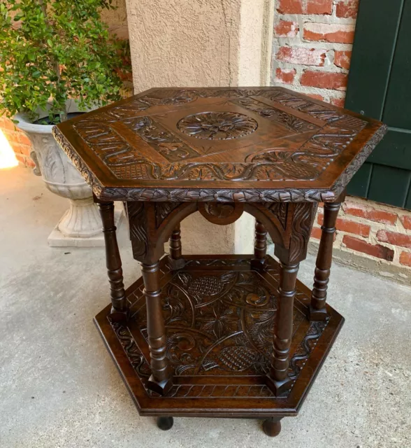 Antique French Carved Oak Center Side Table Hexagon Two Tier Shelf 19th century