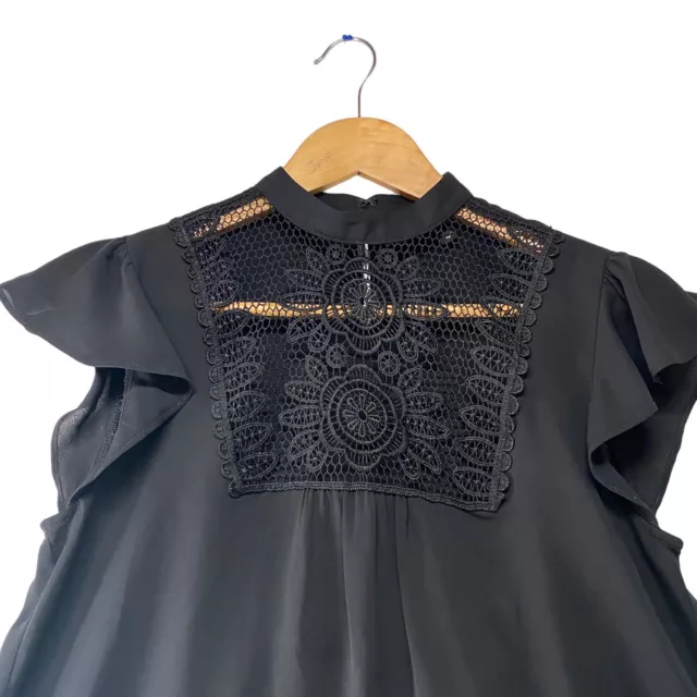 Express Blouse Black Hi-Low Women's Size XS Cap Ruffle Sleeves Lace Bib Gathered 2