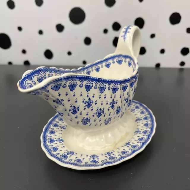 Copeland Spode Fleur de Lis Blue Gravy Boat with Attached Liner