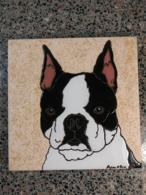 Hand Painted Tile Trivet by Pumpkin Kary Boston Terrier Dog  6 x 6"