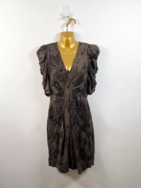 Whistles Silk Dress 10 Brown Black Animal Print Evening Party Cocktail Draped