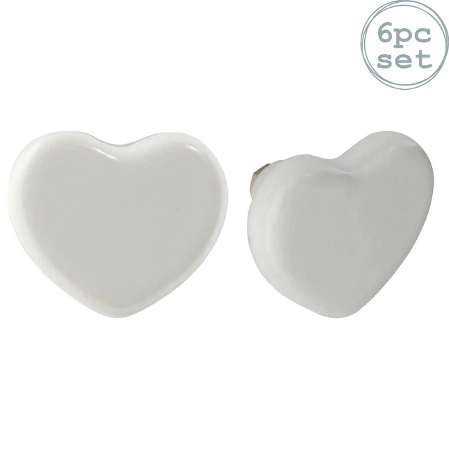 6x Blanc 4cm Cœur Céramique Boutons de Tiroir Cuisine Armoire Poignées de Porte
