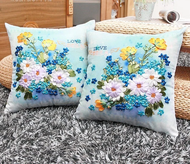 1 par 45x45cm 3D Azul Blanco Margarita Flor Cinta Bordado Kit Funda de Almohada