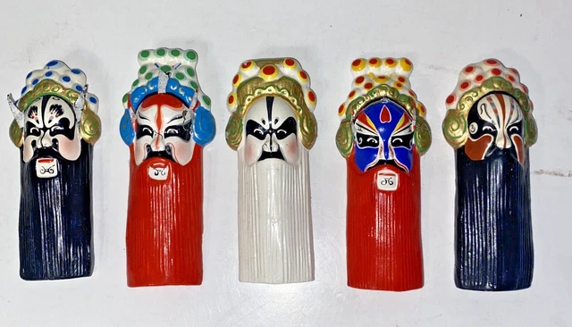 Set of 5 Miniature Chinese Hand Painted ? Clay? Opera Masks Ornaments Vtg