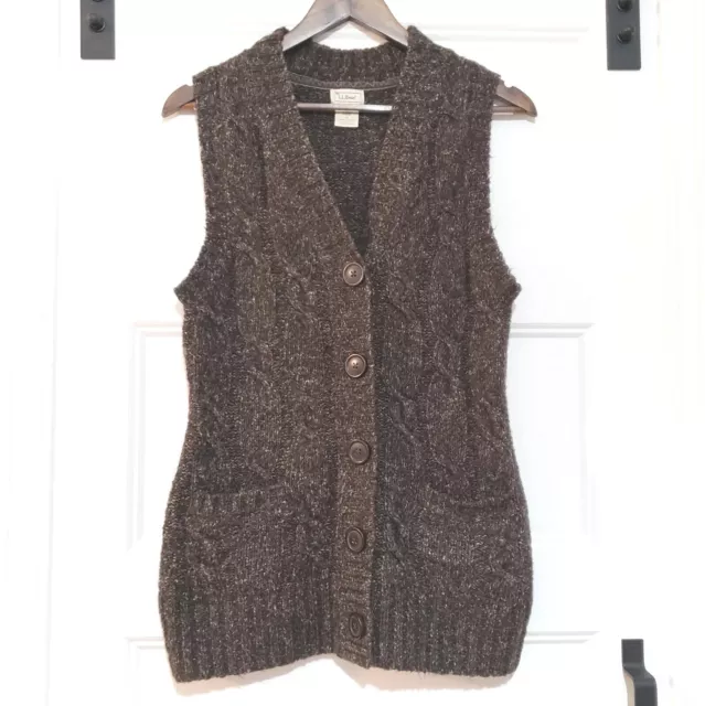 L.L.Bean Wool Blend Marled Sweater Vest Button Up V Neck Womens S Cable Knit