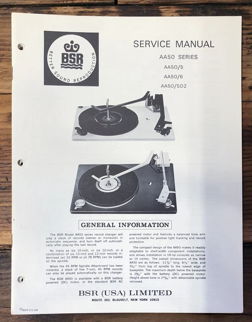 BSR MODEL AA50 /5 /6 /5D2 Record Player / Turntable Service Manual ...
