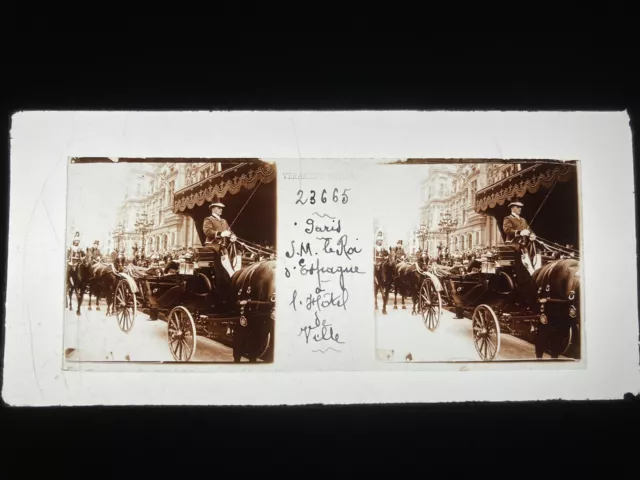 PARIS VISITE ROI D’ESPAGNE PLAQUE VERRE 45x107 VUE STEREOSCOPIQUE VERASCOPE