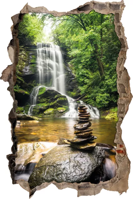 Zen Steine vor Wasserfall - 3D-Look Durchbruch Wandtattoo Aufkleber-Sticker