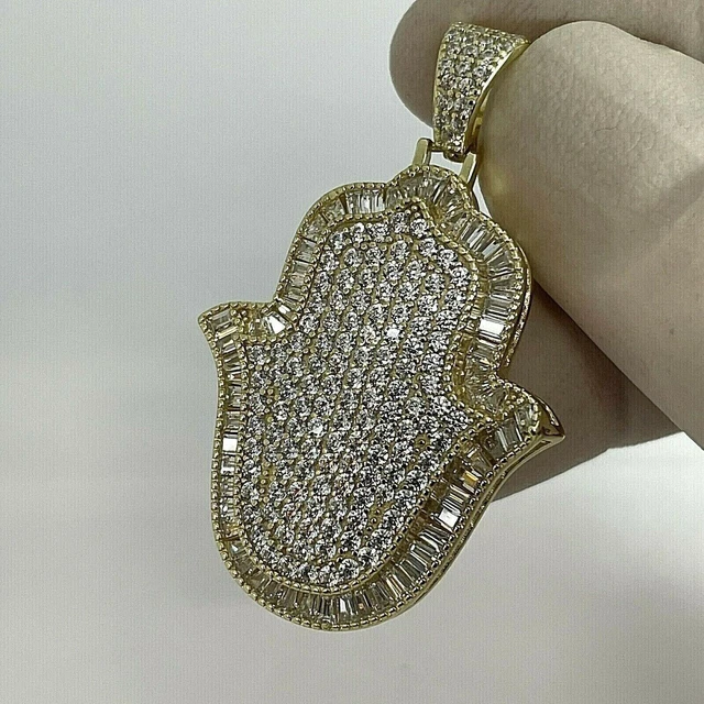 2.20Ct Round Cut Moissanite Hamsa Pendentif 14K Or Jaune Plaqué 18 Chaîne...