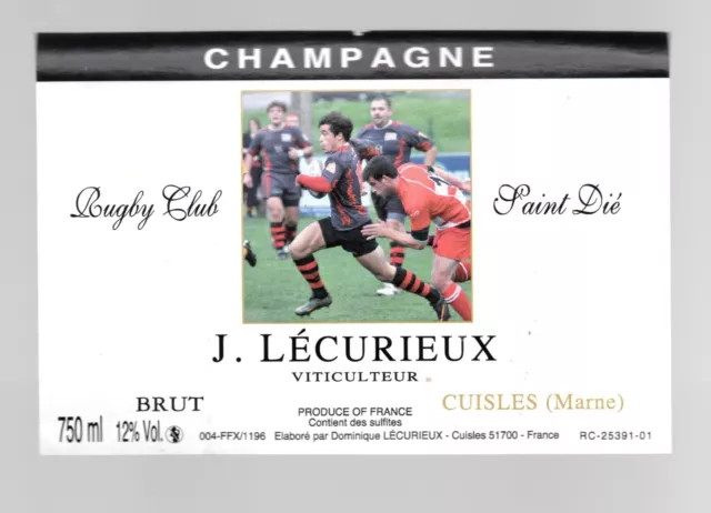 Etiquette de champagne   "  LECURIEUX  CUVEE  du rugby club de St Dié
