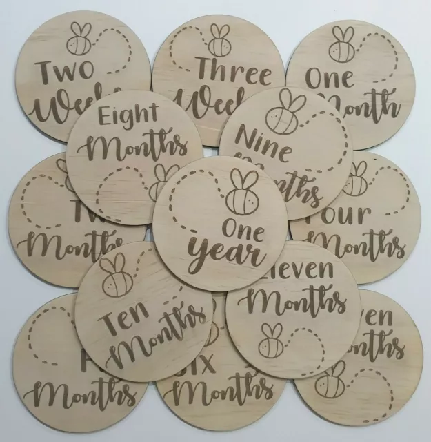 Wooden Milestone Cards New born Baby Shower Gift Month Cards Round Wood 14 Discs