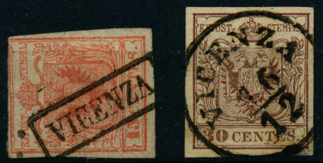 LOMBARDEI-VENETIEN 1850 2Stk.Marke:-15C, und -30C, Verschiedene VICENZA