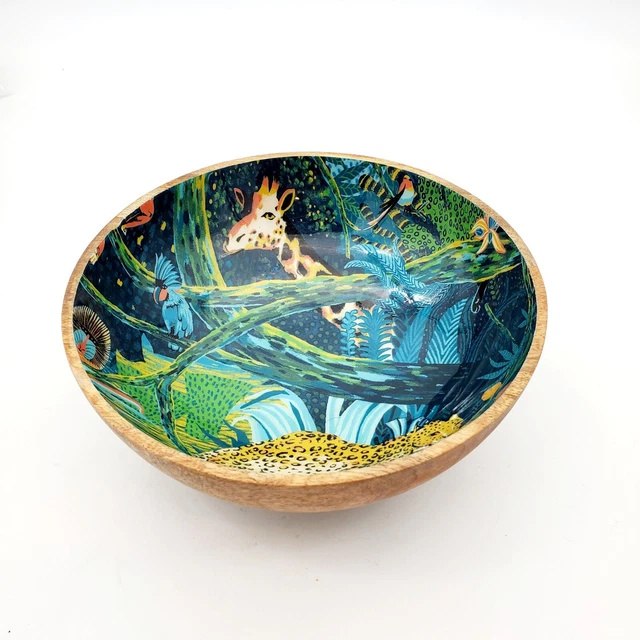 Opal House Mango Wood Footed Bowl Hand Turned  Lacquered Interior Jungle  India