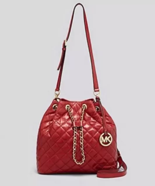 NWT MICHAEL KORS Frankie Quilted Large Drawstring Convertible Bag Dark Red Gold