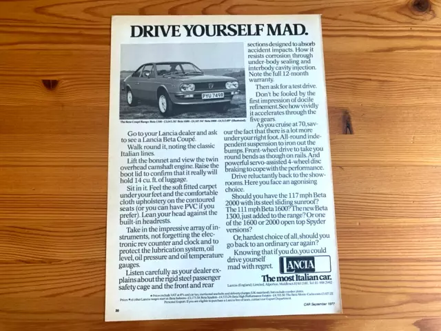 RARE Modern Classic LANCIA BETA COUPE FRAMEABLE CAR ADVERT WALL ART man cave