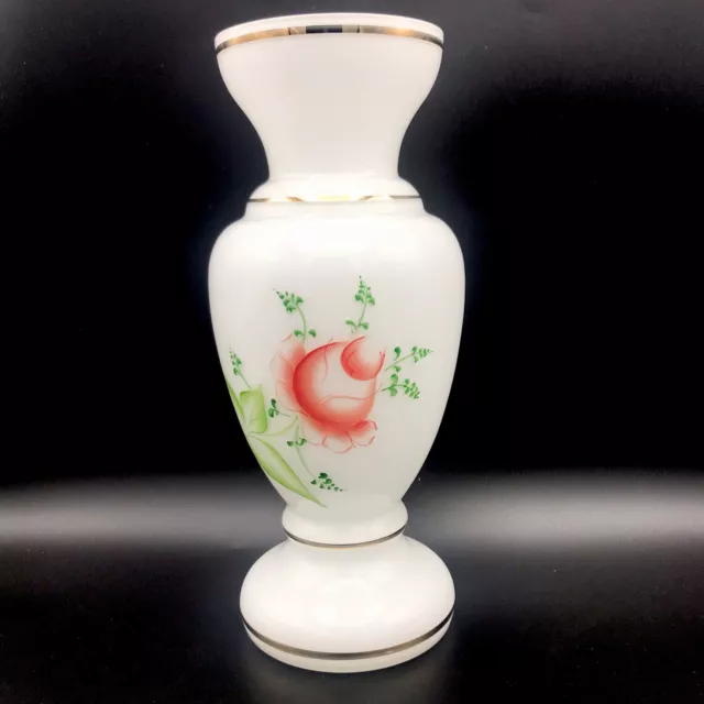 Czech Milk Glass Vase 10” Red Floral Spray Handpainted Gold Gilt Czechoslovakia