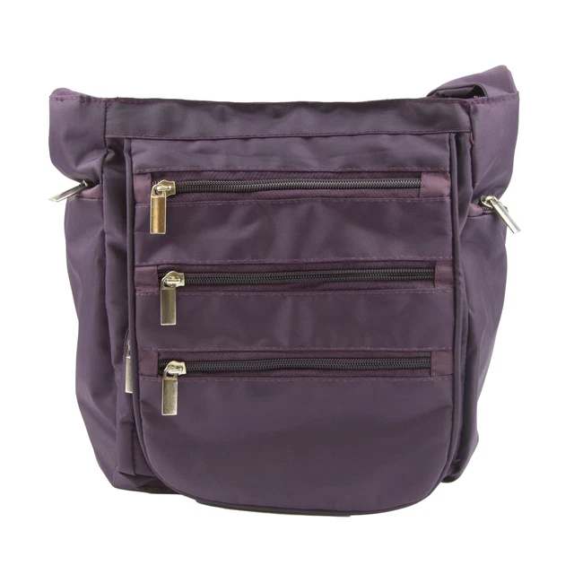 Gold Coast Triple-Zip Front Crossbody Bag with RFID Blocking Technology in Plum